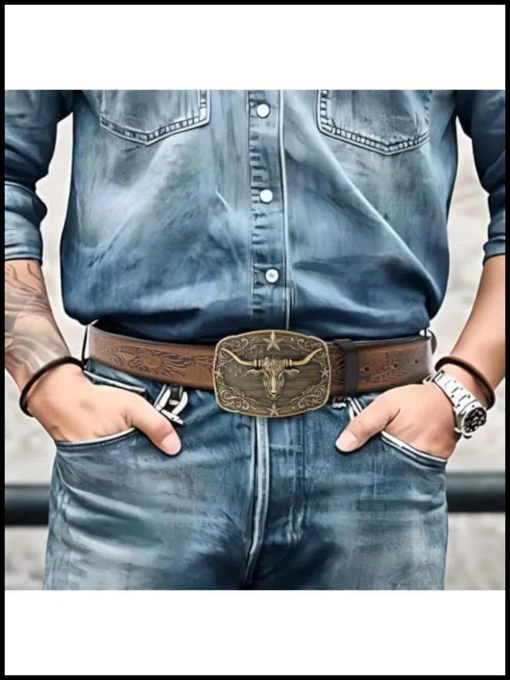 Men's Cowhide Leather Western Cowboy Belt with Engraved Buckle